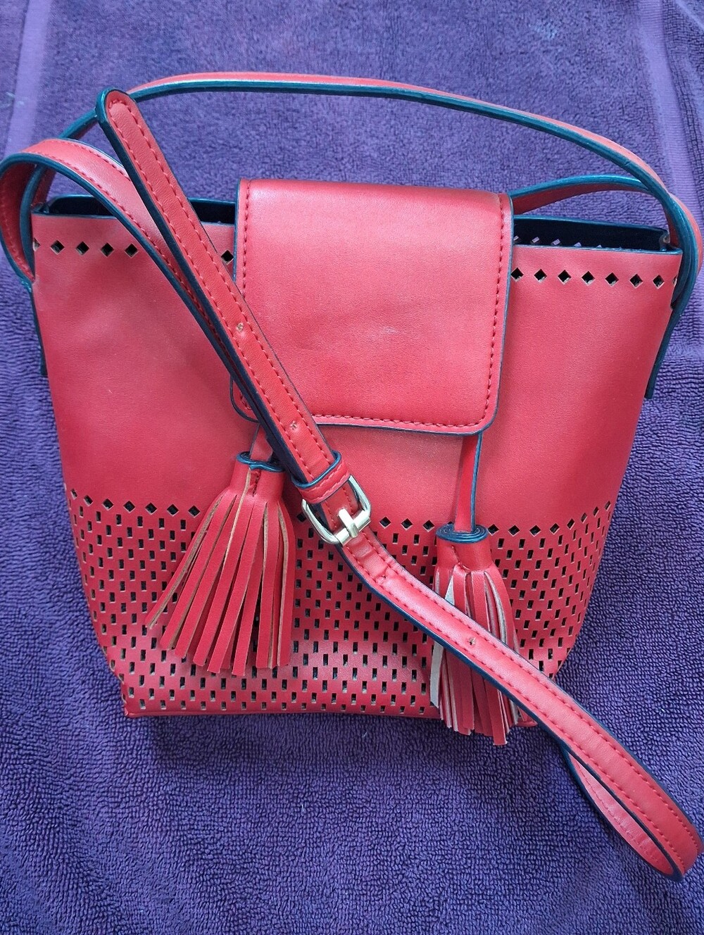 Red Leather Tassel Perforated Crossbody Bag
